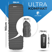 Leichte Isomatte isoliert mit Kunstdaune von Alpin Loacker, aufgeblasen 193x58x8cm. Kompakt verpackt 24x12cm. Ideal für Camping und Trekking.