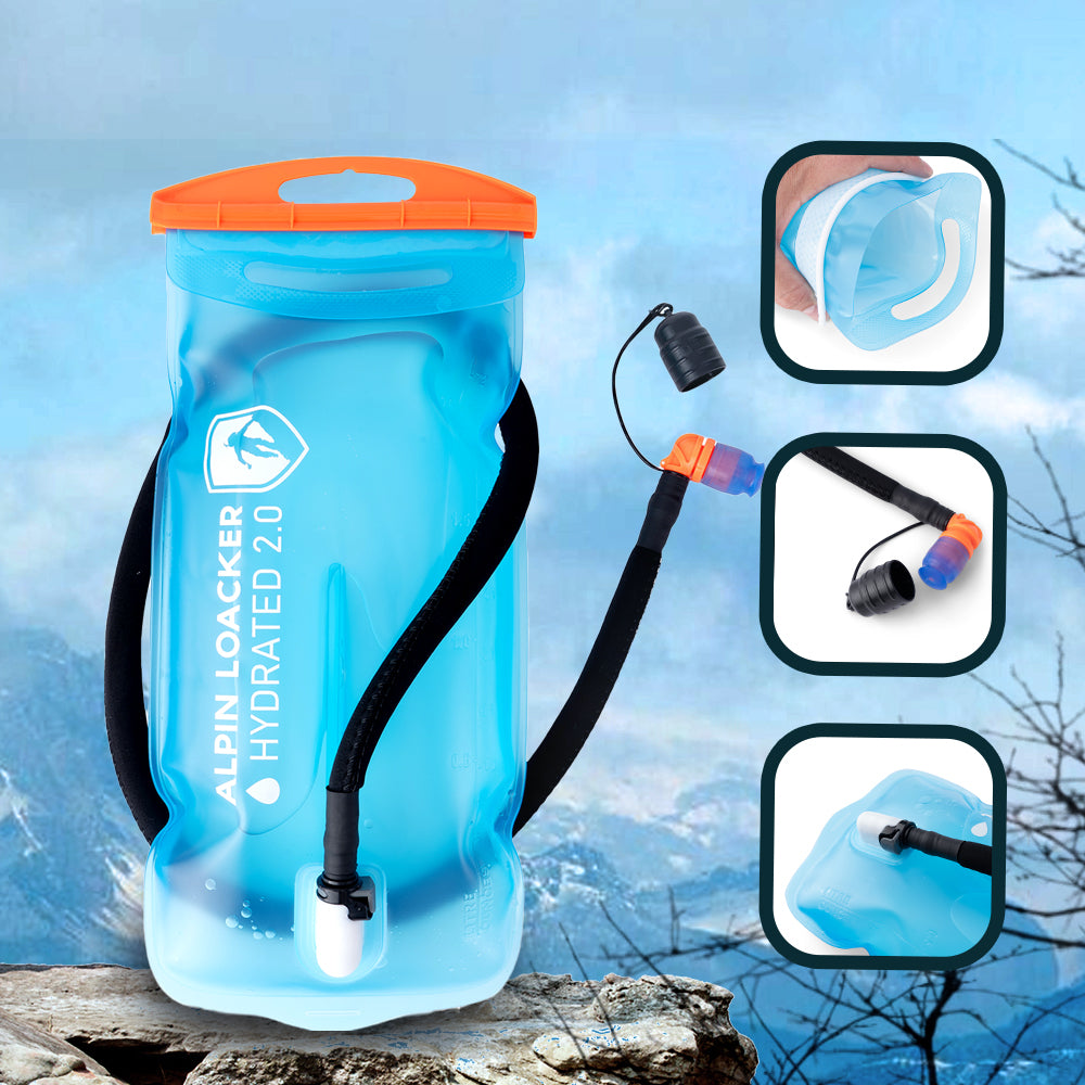Trinkblase für Sommer + Winter: 2-Liter-Hydrationsblase aus PEVA mit orangefarbenem Verschluss, isoliertem Trinkschlauch und Beißventil, ideal für Outdoor-Aktivitäten.