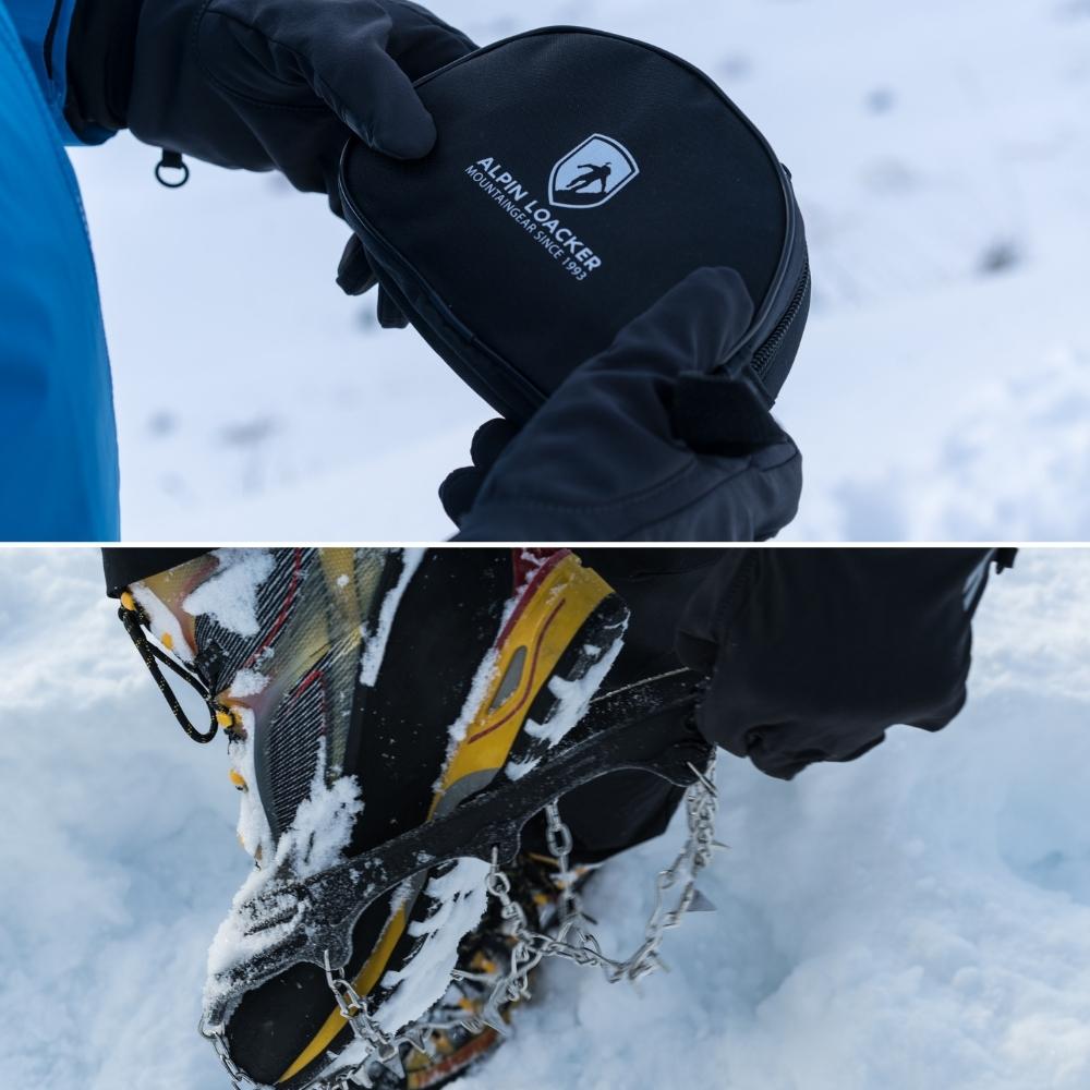Unpacking und Anbringen von Alpin Loacker Chain Pro 18 Grödeln auf winterlichem Wanderschuh mit mitgelieferter schwarzer Tasche.