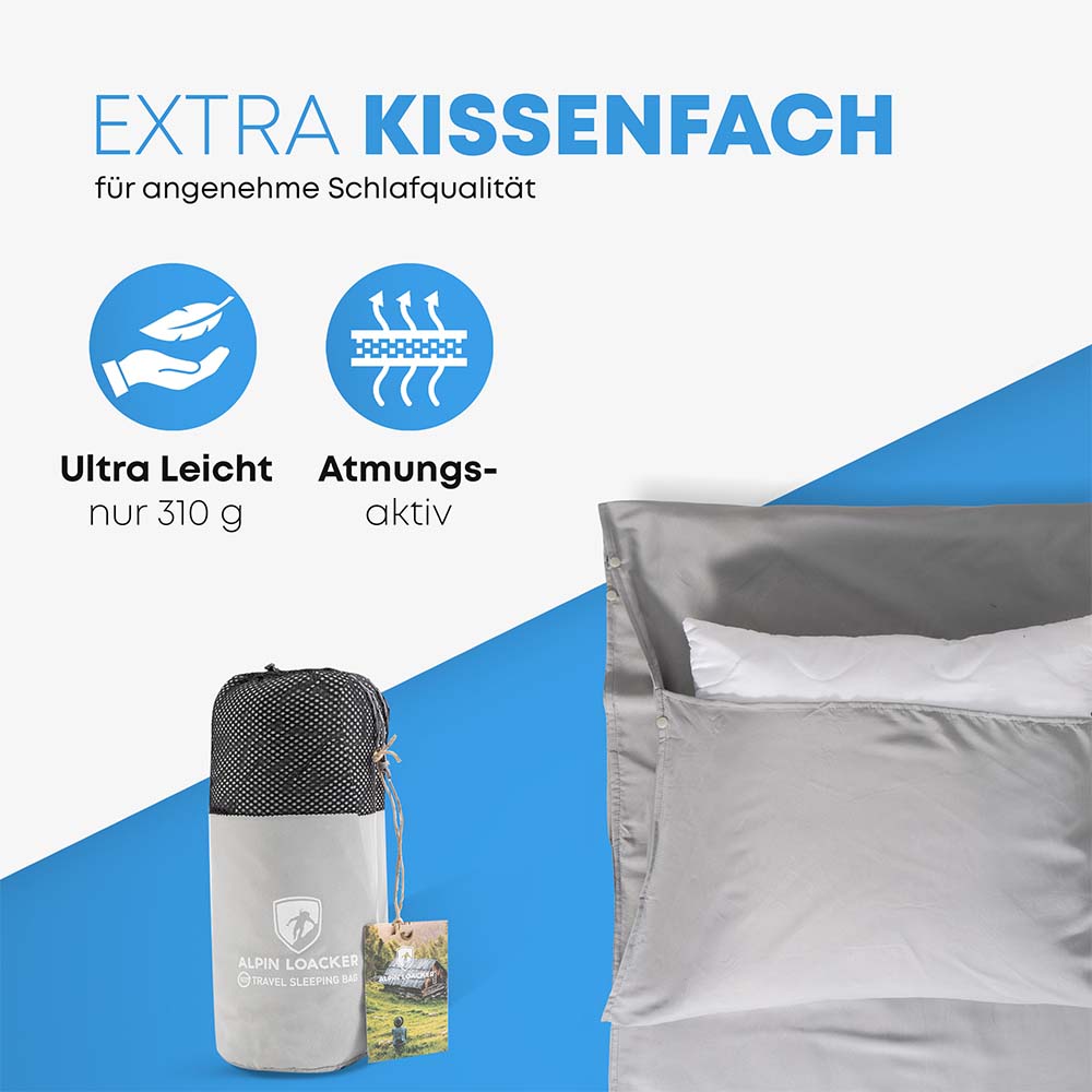 Reiseschlafsack und Hüttenschlafsack ultraleicht von Alpin Loacker mit Kissenfach, ultra-leichtem Design und atmungsaktivem Material, ideal für umweltbewusstes Reisen und komfortablen Schlaf.