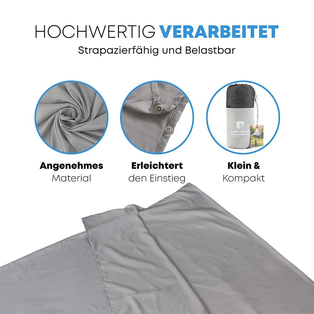 Reiseschlafsack und Hüttenschlafsack ultraleicht: Weicher, kompakter Liner mit Druckknopfverschluss, ideal für Outdoor-Abenteuer. Nachhaltig aus recyceltem Polyester, bietet Komfort und Hygiene.