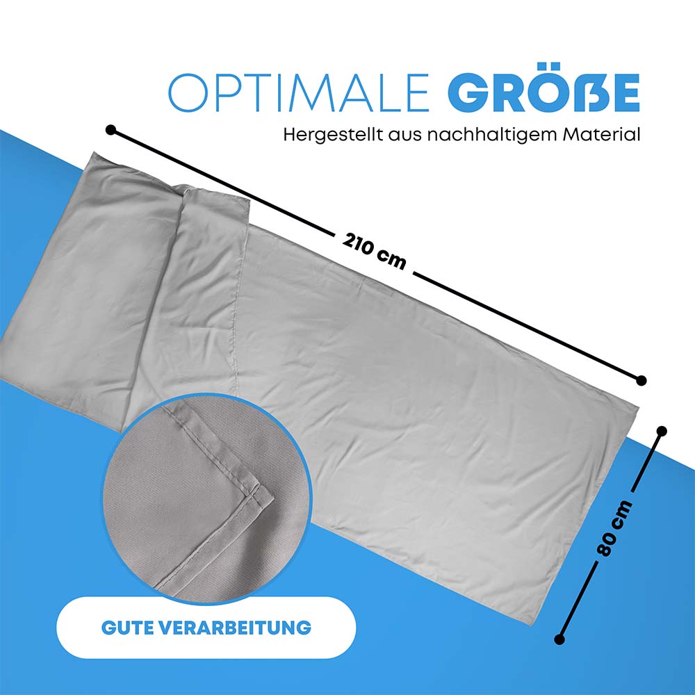 Rechteckiger Reiseschlafsack und Hüttenschlafsack ultraleicht aus nachhaltigem, grauem Stoff mit Kopfkissentasche, 210x80 cm, zeigt gute Verarbeitung und optimale Größe.
