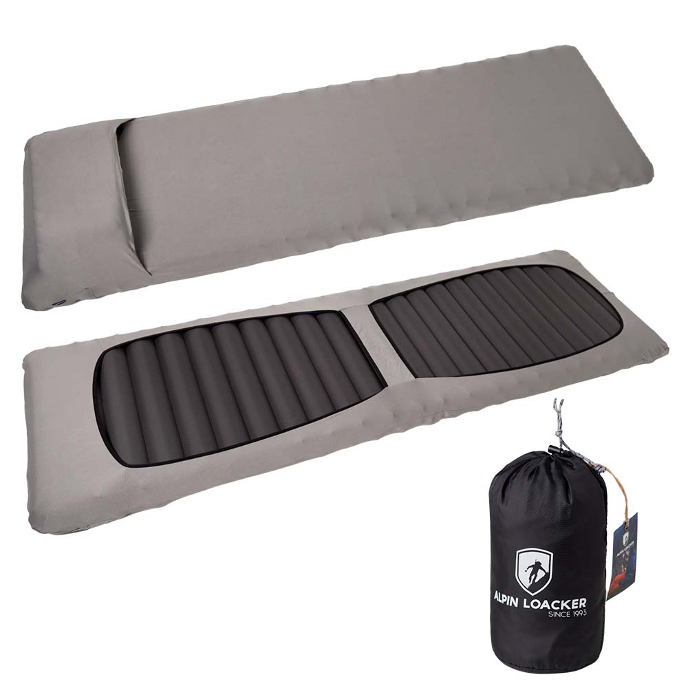 Light Pro Isomatte Überzug zeigt sich ausgelegt mit grauem Bezug und offenem schwarzen Schaumkern, inklusive passendem Packsack mit Alpin Loacker-Aufschrift für einfachen Transport.