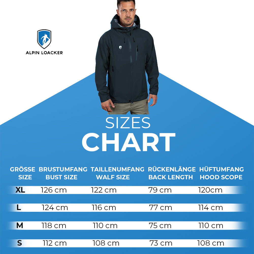 Größentabelle für Herren 3 Lagen Hardshell Regenjacke, zeigt Modell in Outdoor-Jacke, Größen S-XL mit Maßangaben für Brustumfang, Taillenumfang, Rückenlänge, Hüftumfang.