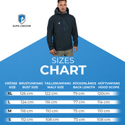 Größentabelle für Herren 3 Lagen Hardshell Regenjacke, zeigt Modell in Outdoor-Jacke, Größen S-XL mit Maßangaben für Brustumfang, Taillenumfang, Rückenlänge, Hüftumfang.
