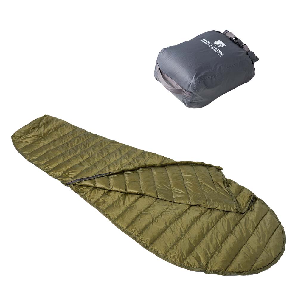 Ultra leichter Daunen Sommerschlafsack 290g, olivegrün, in Mumienform, mit grauem Kompressionssack. Perfekt für Camping und Trekking, dank leichtem, kompaktem Design.
