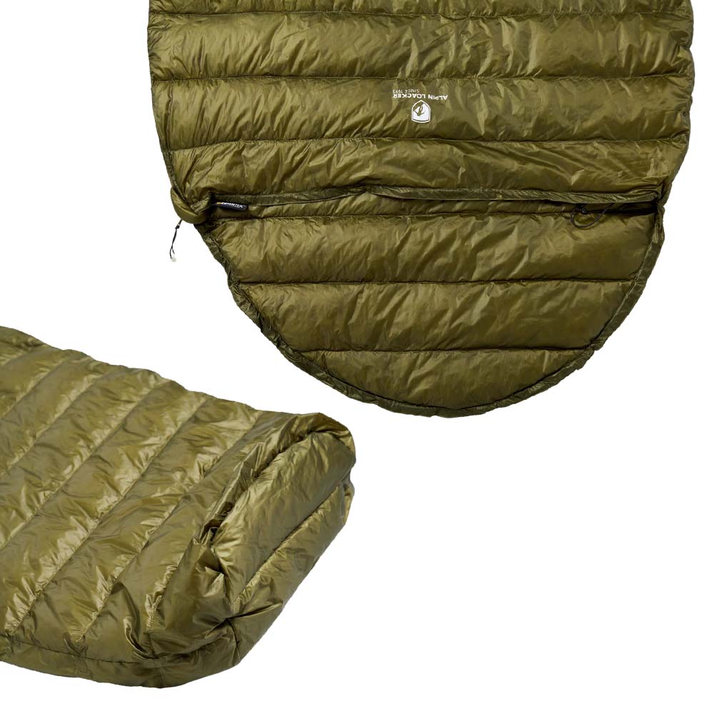 Ultra leichter Daunen Sommerschlafsack 290g, olivgrün, mit horizontalen Steppungen, Reißverschluss, rundem Fußteil; kompakt zusammenrollbar für einfaches Verstauen. Ideal für Outdoor-Abenteuer.