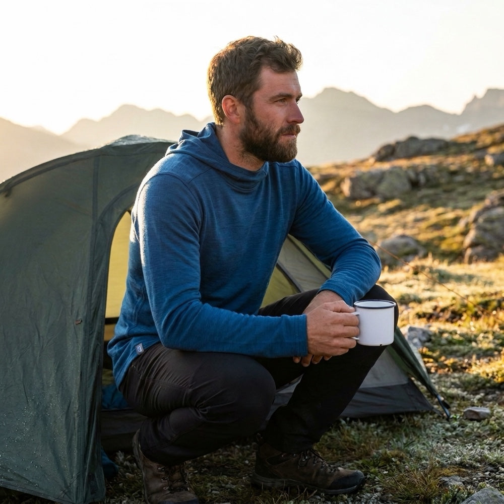 Blauer Merino Pullover mit Kapuze beim Camp in den Bergen