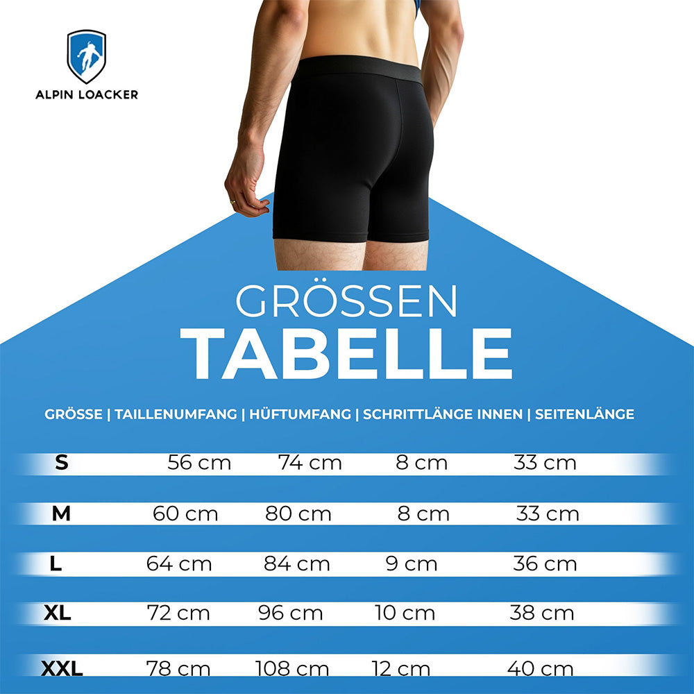 Coolmax Merino Boxershorts Herren – 2er Set, Rückansicht, Größentabelle S-XXL, kombiniert Merinowolle mit Coolmax® für Komfort bei Outdoor-Aktivitäten und Alltag.