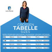 Größentabelle für die 100% Merinowolle Jacke Damen 160 g/m² - ultrafein von Alpin Loacker mit Maßen für Rücken, Brust, Taille, Arme und Hüfte.