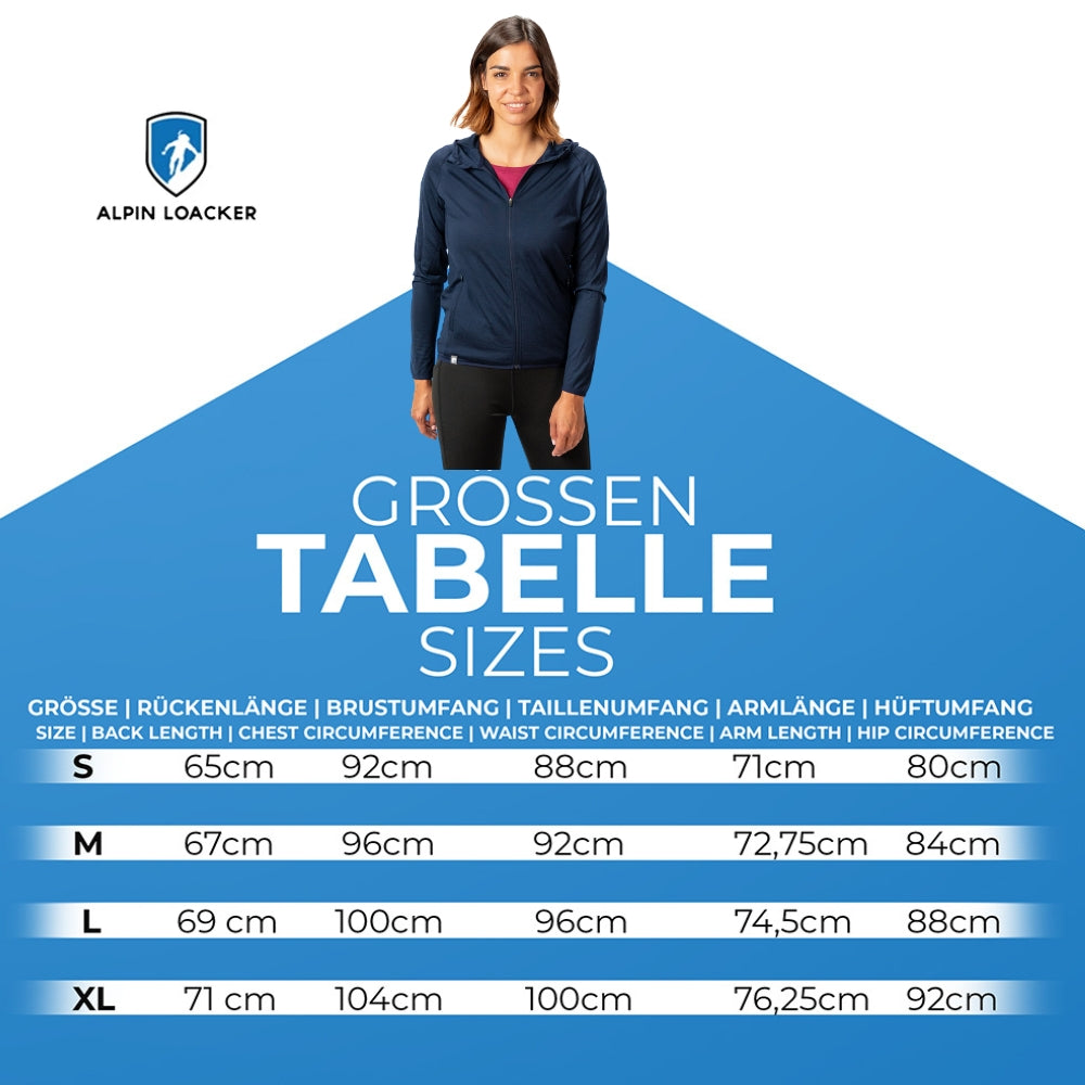 Größentabelle für die Alpin Loacker 100% Merinowolle Jacke Damen, zeigt Größen S-XL mit Rück-, Brust-, Taillen-, Arm- und Hüftmaßen in cm. Perfekt für Outdoor-Abenteuer.