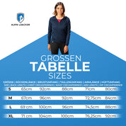Größentabelle für die Alpin Loacker 100% Merinowolle Jacke Damen, zeigt Größen S-XL mit Rück-, Brust-, Taillen-, Arm- und Hüftmaßen in cm. Perfekt für Outdoor-Abenteuer.