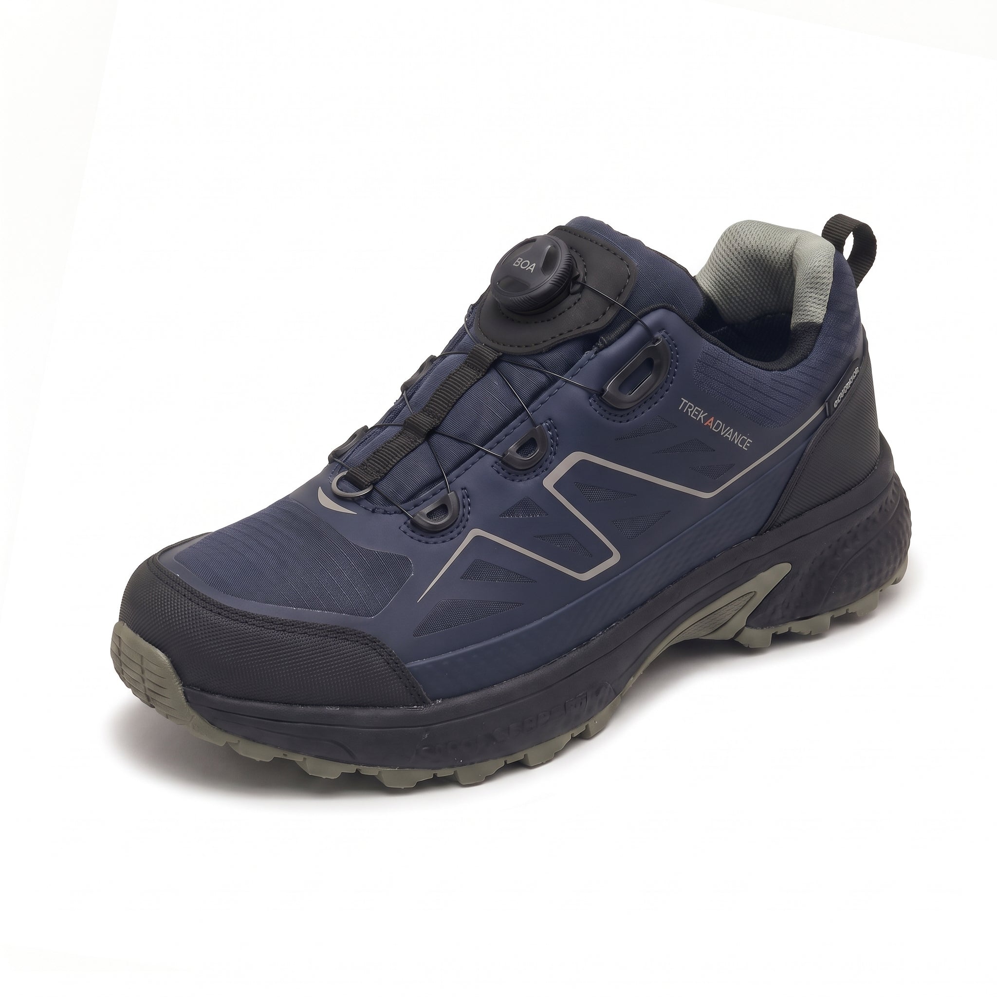Allway wasserdichter Wanderschuh in Navy mit oliver Laufsohle und schwarzem BOA-Verschluss, seitliche Ansicht
