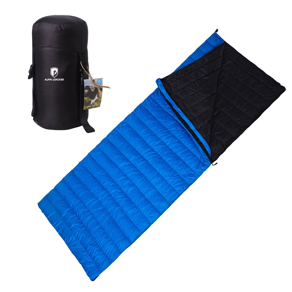 Alpin Loacker Couverture d'été en duvet bleue avec petit format et sac de rangement. Couverture de camping ultra légère