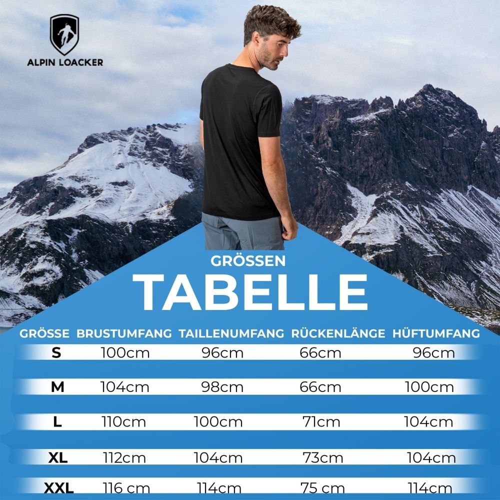 Größentabelle für das 100% Merino T-Shirt Herren 160 g/m² - ultrafein, mit Maßen für S-XXL und einem Mann in schwarzem T-Shirt vor Bergkulisse.