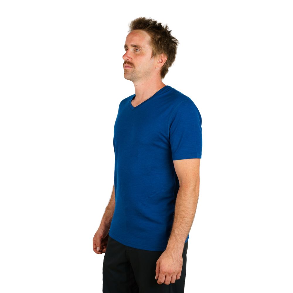 ALPIN LOACKER Mérino shirt homme v-necki en bleu Vue de côté