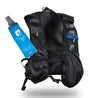 Laufweste Trail Pro 5 mit 2 Flaschen, ideal für Trailrunning, zeigt einen ultraleichten schwarzen Rucksack mit blauen Flaschen und funktionalen Gurten.