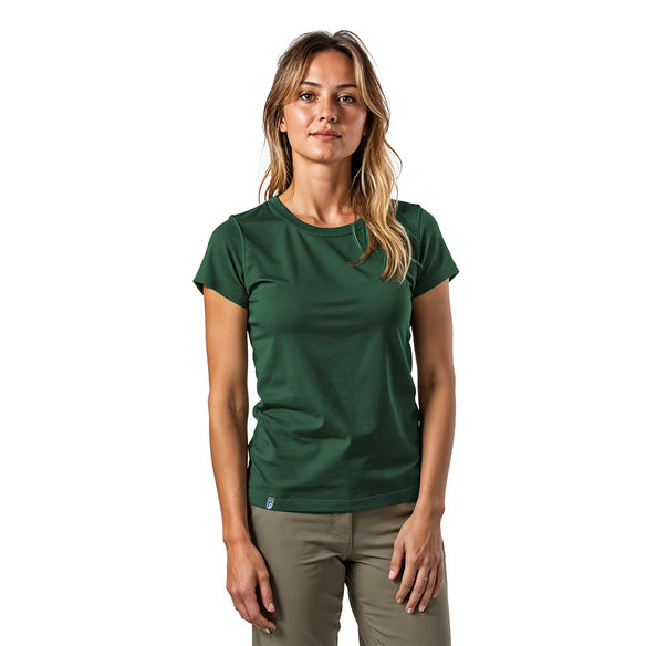 Merino T-Shirt Women 150g/m2: Women's green performance shirt made of Corespun merino wool, ideal for outdoor activities, offers comfort and durability.