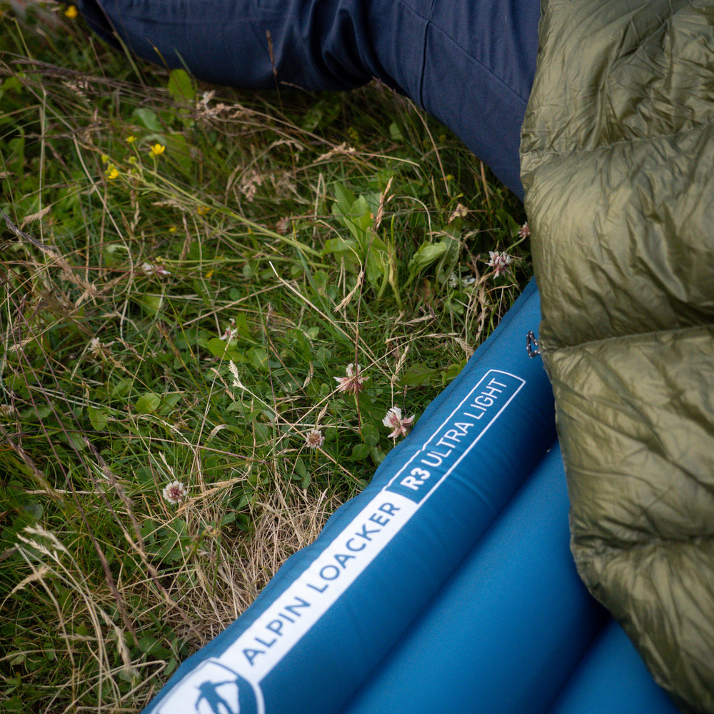 Nahaufnahme von ultraleichter Isomatte auf Wiese