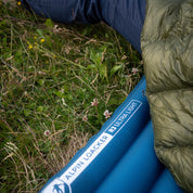 Nahaufnahme von ultraleichter Isomatte auf Wiese