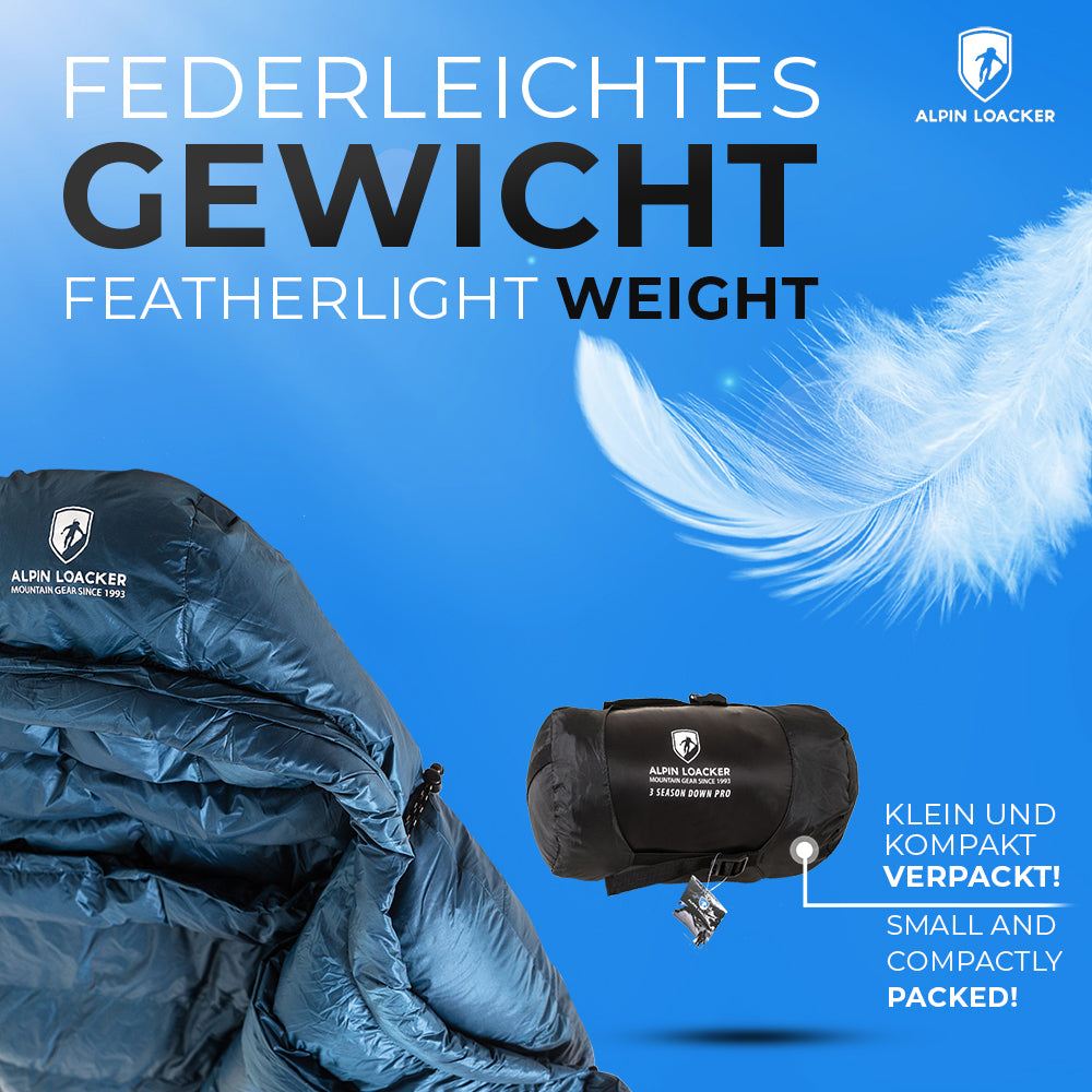 Down Pro 3 Jahreszeiten Schlafsack 860g mit Daunenfüllung, perfekt für Outdoor-Abenteuer bei kaltem Wetter, inklusive wasserabweisendem Material und kompakter Größe. Ideal für Trekking und Camping.
