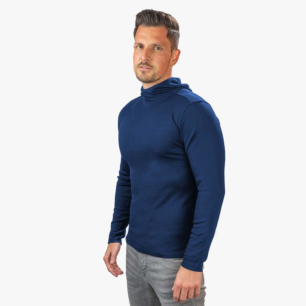 Alpin Loacker blue merino hoody men, merino long sleeve shirt with hood made of PREMIUM merino wool, buy merino clothing men online