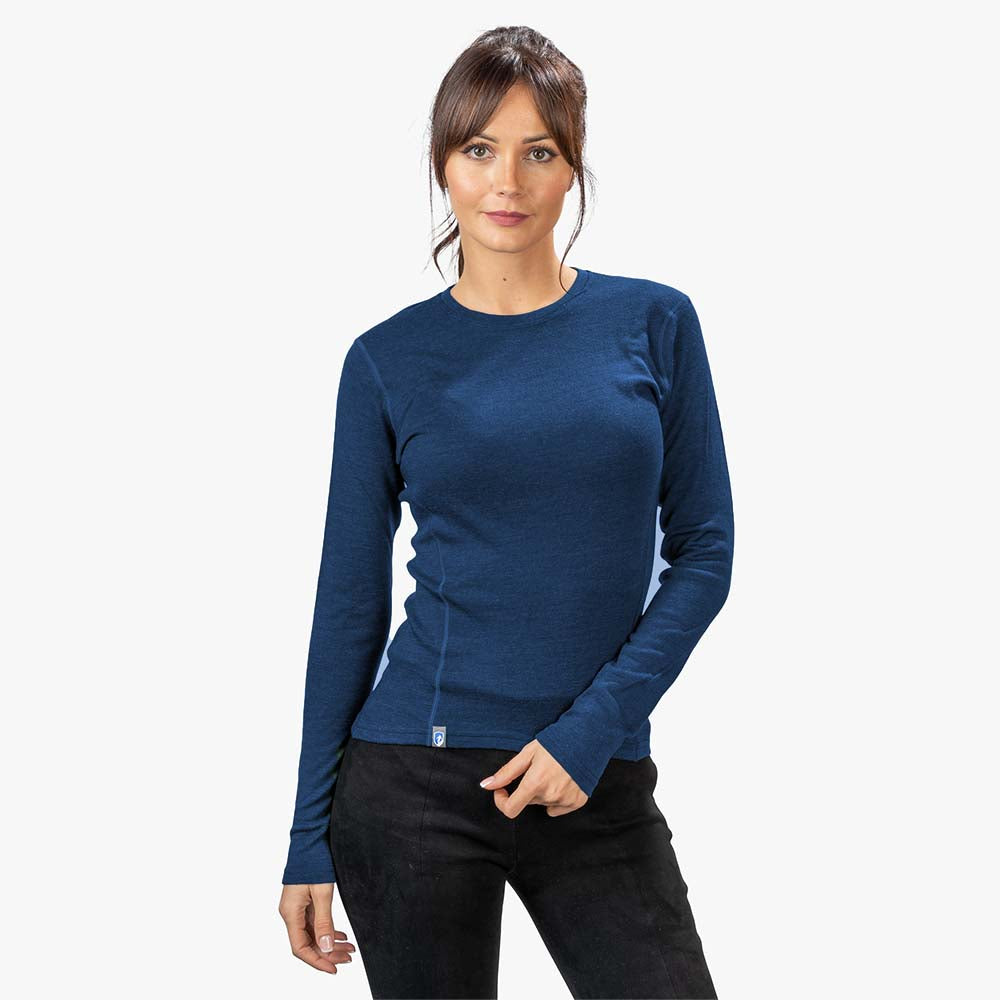 Alpin Loacker Camisa azul Merino de manga larga 100% lana Merino para mujeres, camisa funcional Merino de alta gama azul de manga larga para mujeres, ropa Merino para mujeres comprada a bajo precio en línea