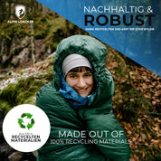 Frau lächelt in SYN PRO - Synthetik Sommer Schlafsack ultraleicht, aus recycelten Materialien, ideal für Outdoor-Aktivitäten und komfortabel bis 12°C.