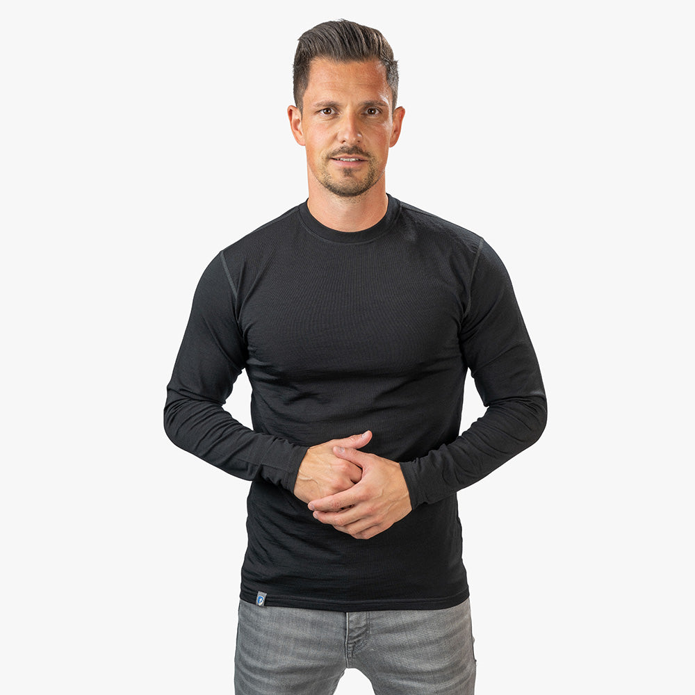 Alpin-Loacker-svart-ljus-lång-ärmad-skjorta-merino-herrar, merinoull långärmad skjorta ultralätt svart, köp merinokläder online