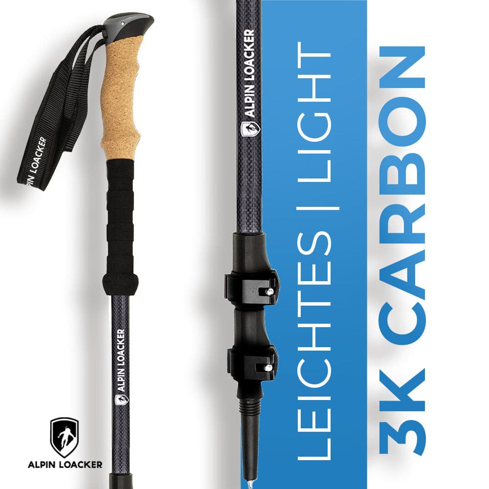 Teleskop Wanderstöcke aus Carbon mit ergonomischen Griffen und verstellbarer Länge, ideal für sicheres Wandern in jedem Gelände.