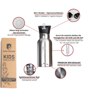 Kinder Edelstahl Thermosflasche mit Anweisungen, isoliert, hält Getränke heiß oder kalt, ideal für Outdoor-Aktivitäten und vielseitig verwendbar.