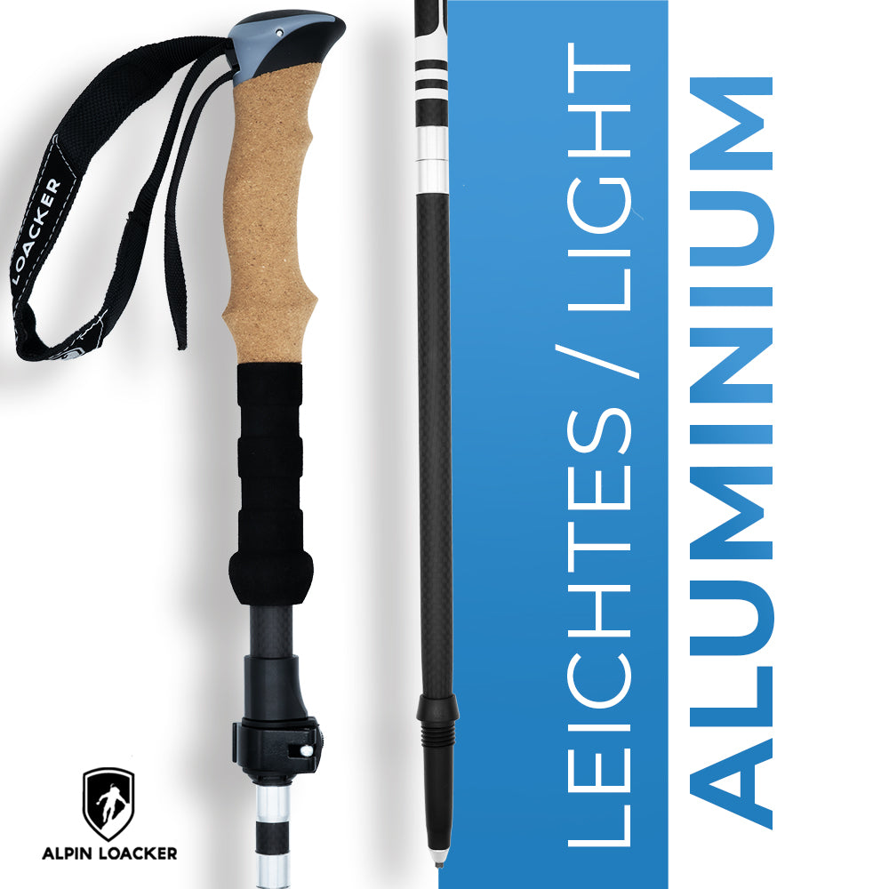 Faltbare Wanderstöcke aus Aluminium mit ergonomischem Korkgriff, ideal für Wandern und Skitouren, leicht und kompakt für einfachen Transport.