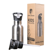 Kinder Edelstahl Thermosflasche neben Verpackung, zeigt isolierte Alpin Loacker Flasche aus Edelstahl für Getränke, ideal für Sport und Alltag.