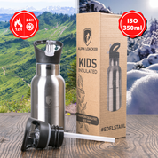 Kinder Edelstahl Thermosflasche und Verpackung von Alpin Loacker, isoliert für kalte und heiße Getränke, ideal für Outdoor-Aktivitäten.