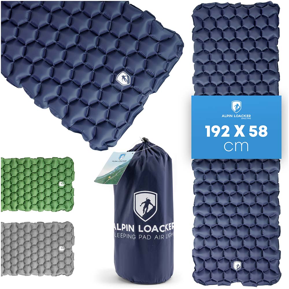 Alpin Loacker Ultralight sleeping mat for camping and hiking with honeycomb air chambers, camping mattress in gray blue and green 