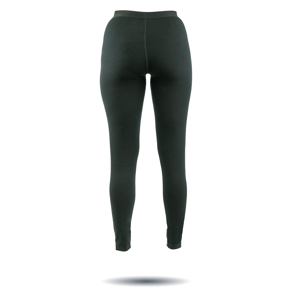 Lange Merino Unterhose Damen 150 g/m2, schwarze Funktionsunterwäsche, ideal für Outdoor-Abenteuer, zeigt Beine in robustem, elastischem Merino-Mix auf weißem Hintergrund.