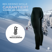 Lange Merino Unterhose Herren 150 g/m2 für Outdoor-Aktivitäten, im Schnee präsentiert, kombiniert Komfort von Merinowolle mit langlebigen synthetischen Fasern für optimalen Tragekomfort.