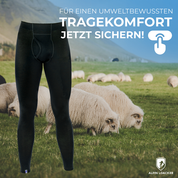 Herren-Lange-Merino-Unterhose, getragen im Freien zwischen Schafen, kombiniert Merinokomfort mit Strapazierfähigkeit, ideal für Outdoor-Abenteuer.