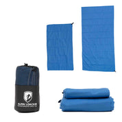 Microfaser Handtuch Set Körper + Gesicht mit blauer Tragetasche, ideal für Outdoor-Aktivitäten dank schnelltrocknender, saugfähiger Mikrofaser, inklusive Aufhängeschlaufen.