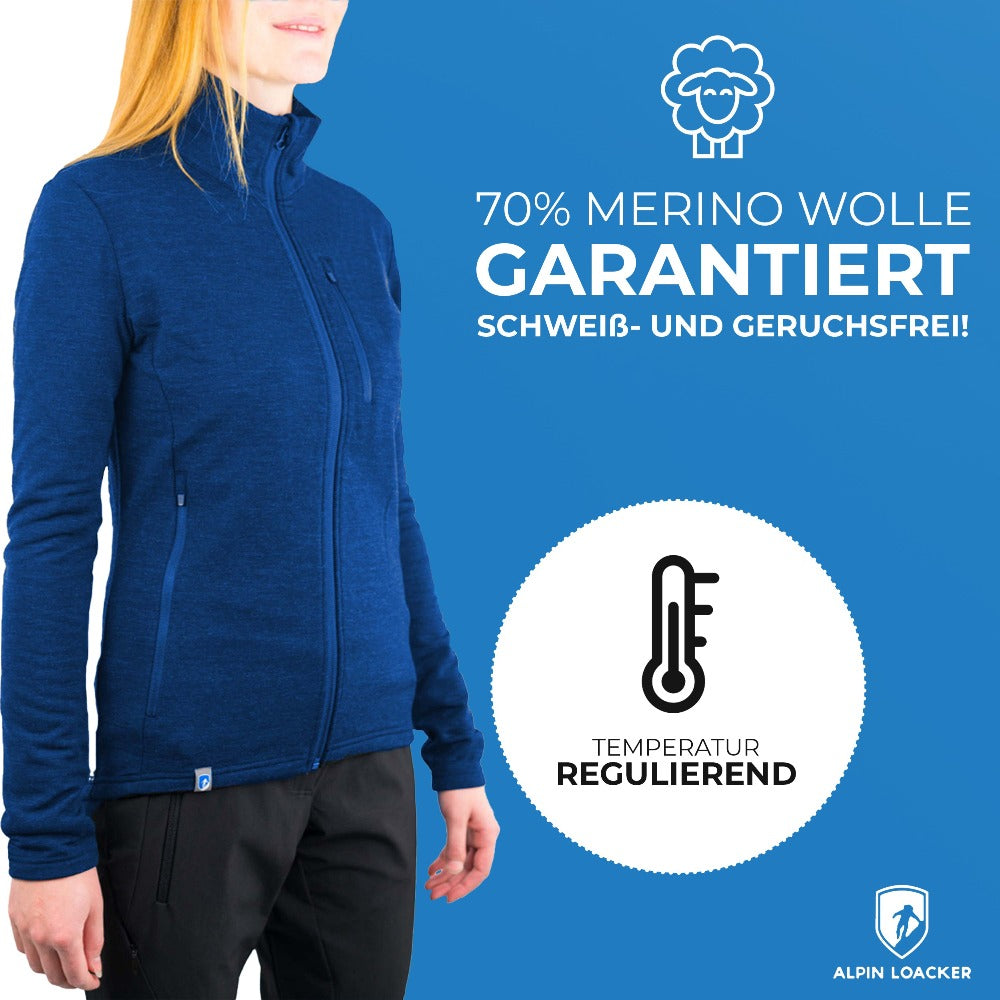 Frau trägt die Merino Jacke Damen 270 g/m² von Alpin Loacker, ideal für Outdoor-Abenteuer, mit sportlichem Schnitt und hoher Funktionalität.