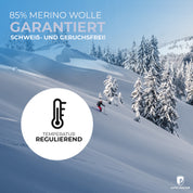 Merino Boxershorts Herren 150 g/m², ideal für Outdoor-Aktivitäten, mit CORESPUN-Technologie für Komfort und Funktionalität, gezeigt in einer winterlichen Skiszene.