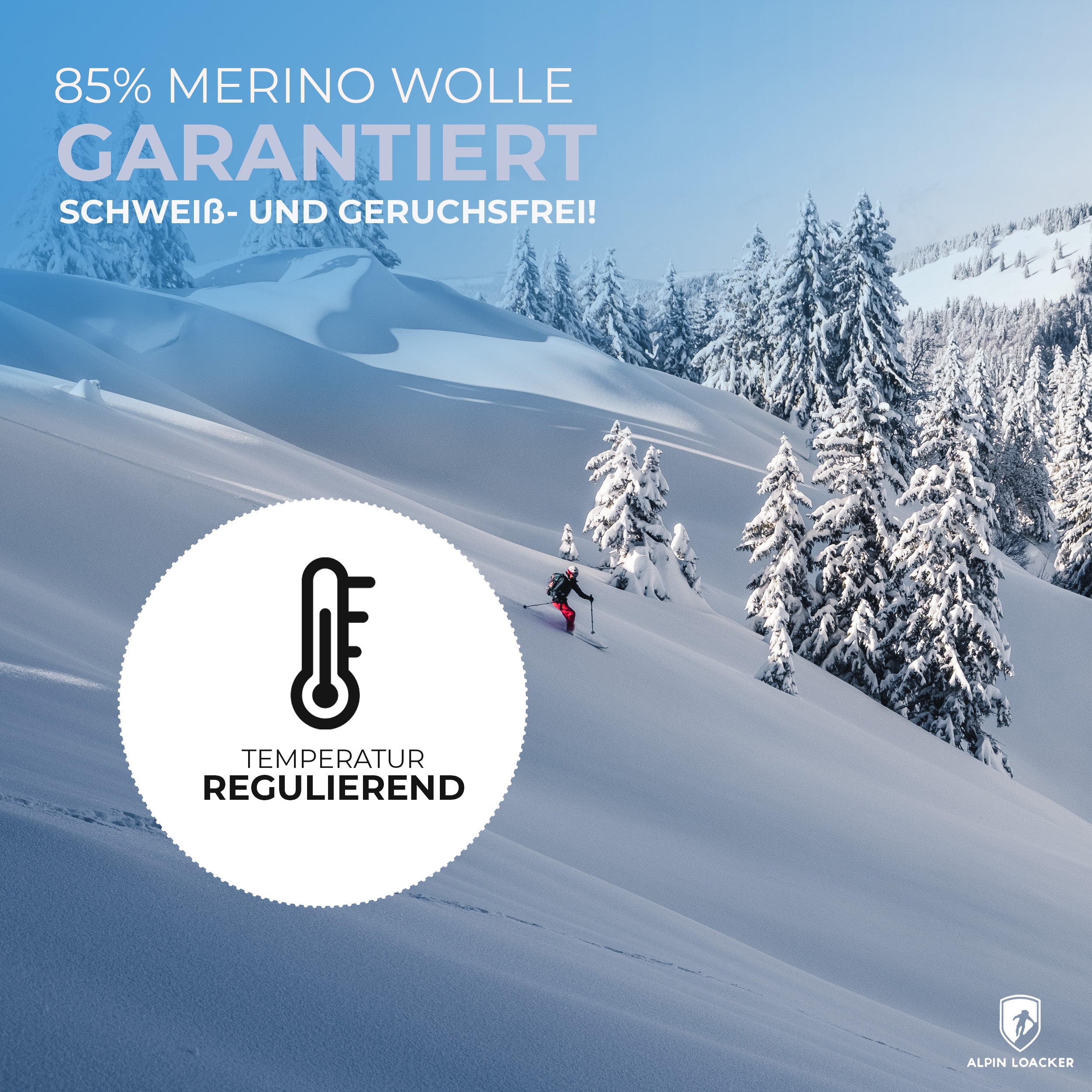 Merino Boxershorts Herren 150 g/m², ideal für Outdoor-Aktivitäten, mit CORESPUN-Technologie für Komfort und Funktionalität, gezeigt in einer winterlichen Skiszene.