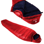 Down Pro 3 Jahreszeiten Schlafsack 860g, rotes Design mit blauem Innenfutter, ideal für Trekking und Camping bei kühleren Temperaturen.