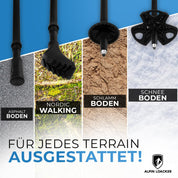 Teleskop Wanderstöcke aus Carbon von Alpin Loacker, robust und leicht. Verschiedene Pol-Designs, ergonomische Griffe, stoßdämpfend, ideal für vielseitiges Outdoor-Abenteuer.