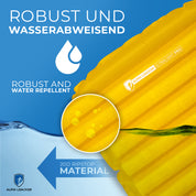 Ultraleichte Isomatte isoliert mit Kunstdaune, schwebend auf Wasser, ideal für Outdoor-Abenteuer, kompakt und leicht für Rucksackreisen.
