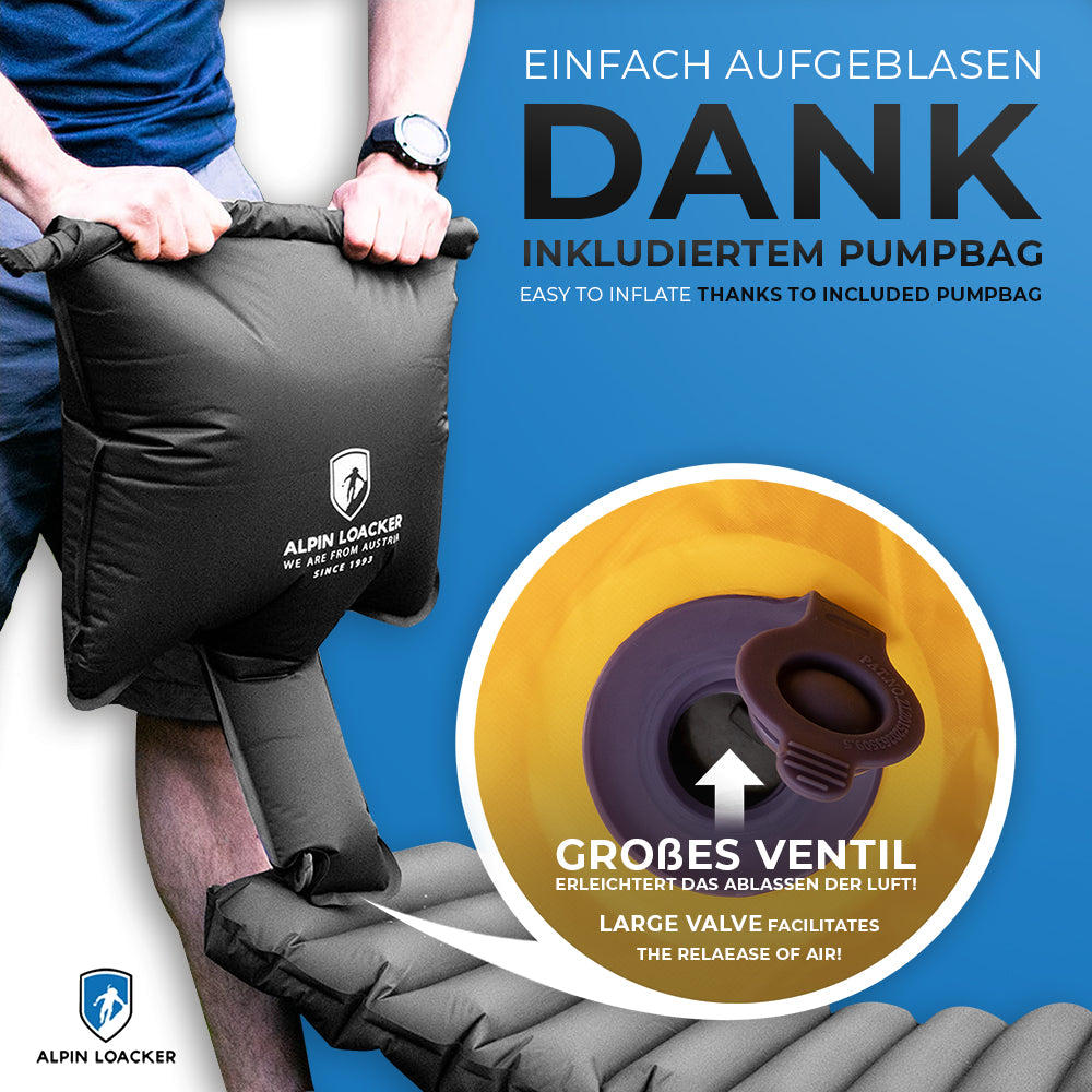 Mann hält Ultraleichte Isomatte isoliert mit Kunstdaune – 460g, geeignet für Wanderungen, bietet maximalen Komfort und minimalen Platzbedarf. Ideal für Abenteurer.