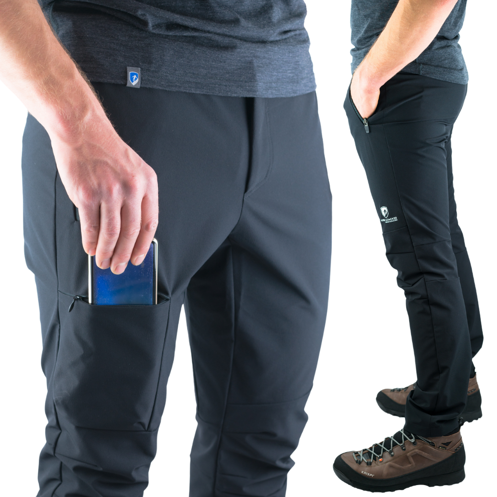 Softshell Wanderhose Herren mit schmalem Schnitt, 4-Wege-Stretch, drei Reißverschlusstaschen. Perfekt für Trekkingtouren, bietet Komfort und Bewegungsfreiheit.