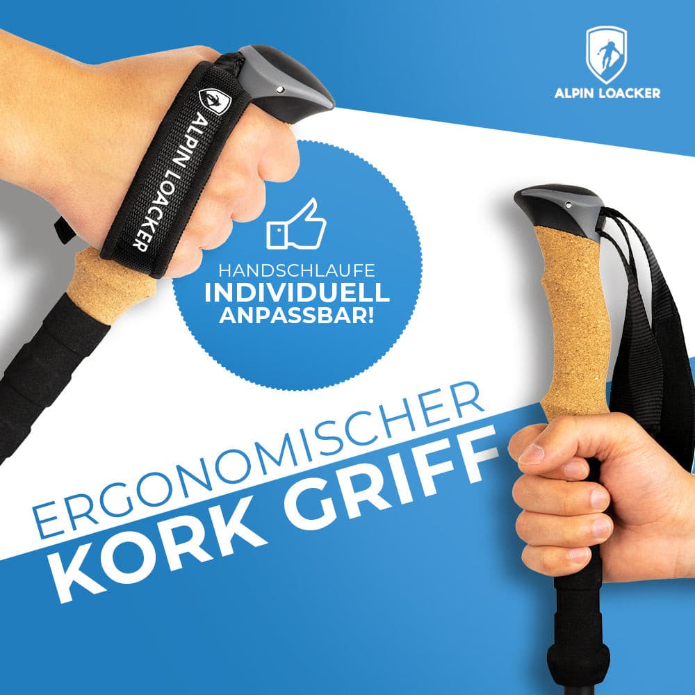 Hände halten Teleskop Wanderstöcke aus Carbon von Alpin Loacker, ideal für sicheres, komfortables Wandern dank ergonomischem Design und verstellbarer Länge.