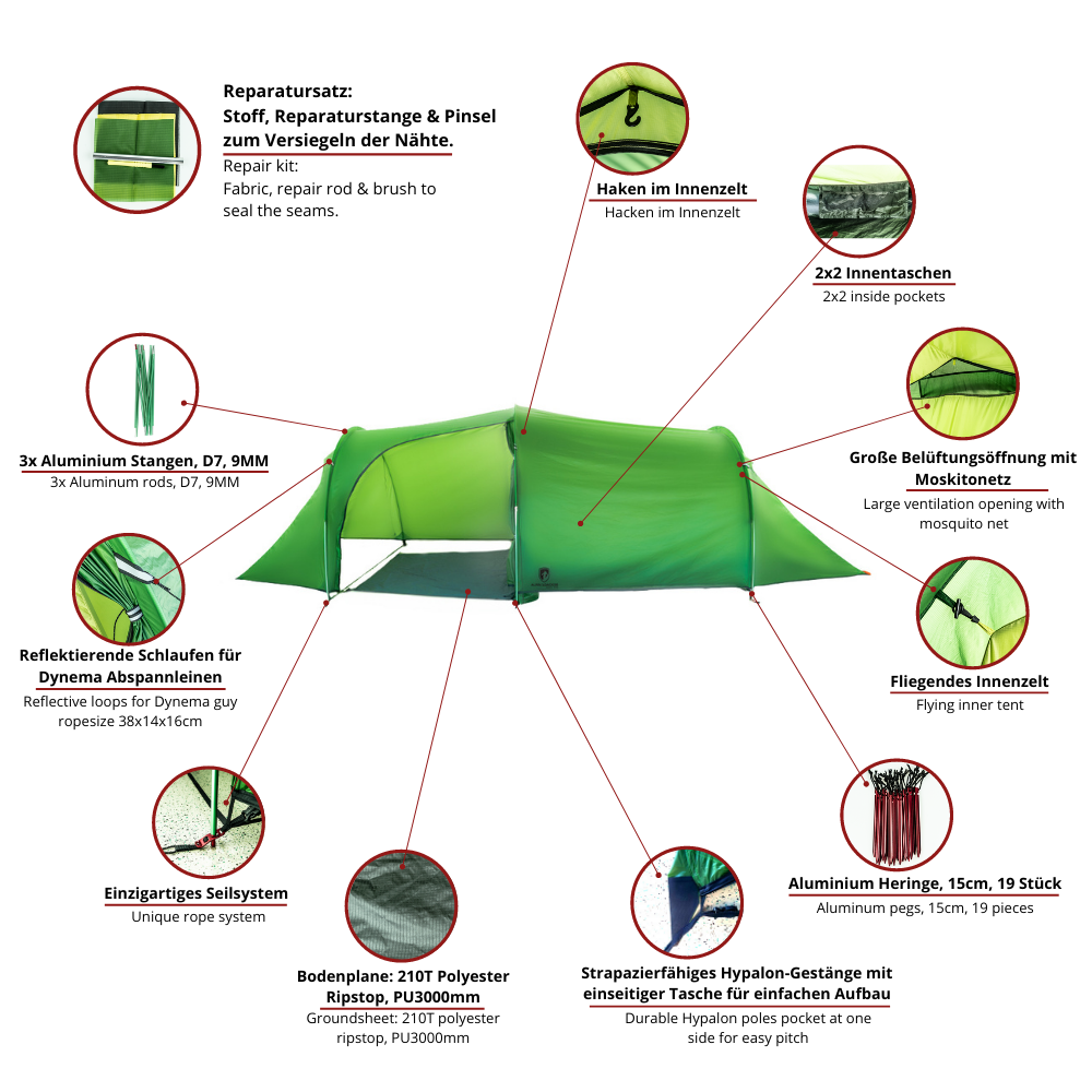Tunnelzelt für 2 Personen 1.99kg, leichtes, wasserdichtes Ripstop-Nylon mit Anweisungen und Detailansichten, ideal für Wanderungen und Fahrradtouren.