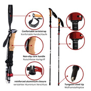 Ersatzteile Alpin Loacker Faltstöcke: Collage zeigt Wanderstock, schwarze Schlaufe, roten und schwarzen Griff, ideal für Outdoor-Reparaturen und -Verbesserungen.